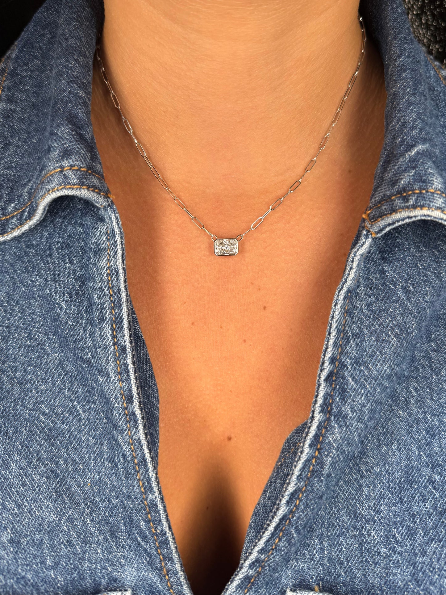 Ladies Lab Grown Radiant Bezel Set Paperclip Necklace