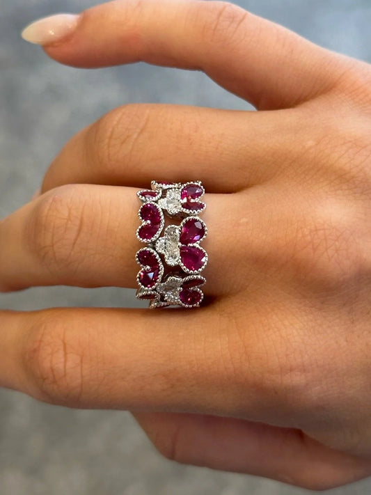 Ladies Ruby and Round Diamond Wide Milgrain Ring