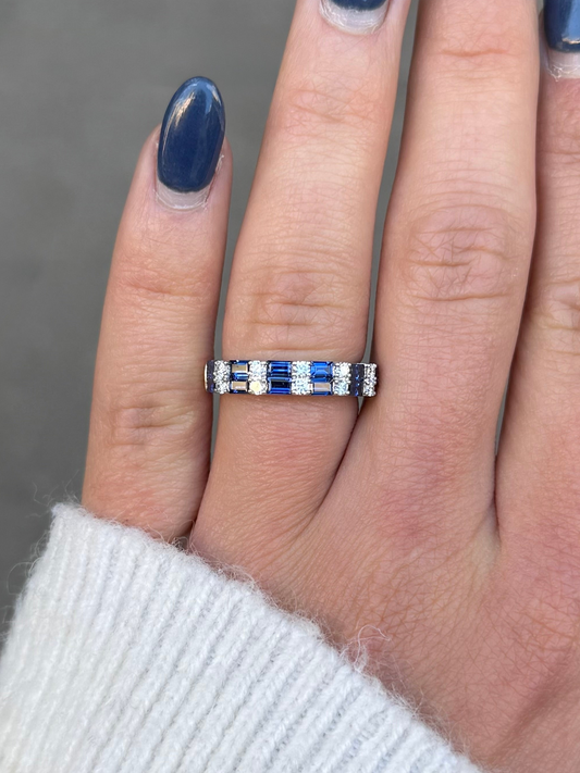 Ladies Alternating Sapphire Baguette and Round Diamond Ring