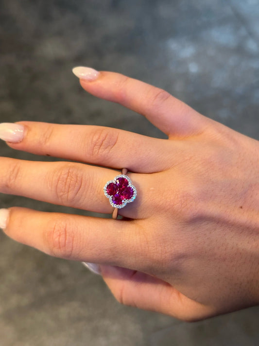 Ladies Clover Shape Ruby and Round Diamond Ring