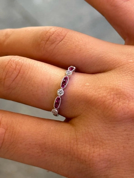 Ladies Three Ruby Stone and Round Diamond Alternating Ring