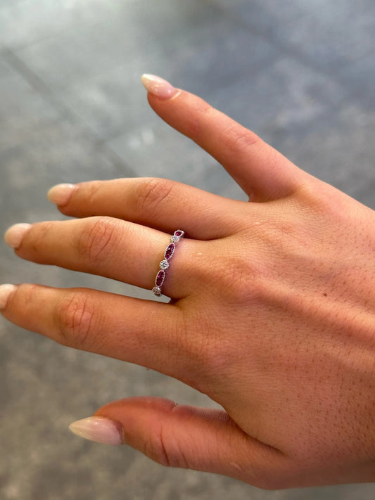 Ladies Three Ruby Stone and Round Diamond Alternating Ring