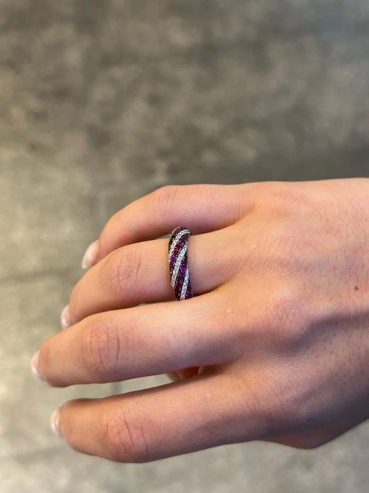 Ladies Swirl Ruby and Round Diamond Ring