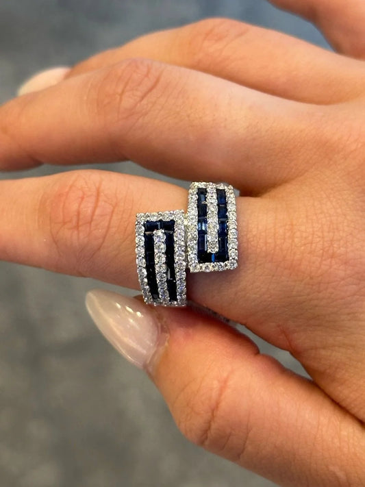 Ladies Wide Baguette Sapphire and Round Diamond Ring