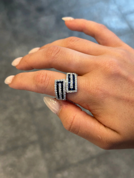 Ladies Wide Baguette Sapphire and Round Diamond Ring
