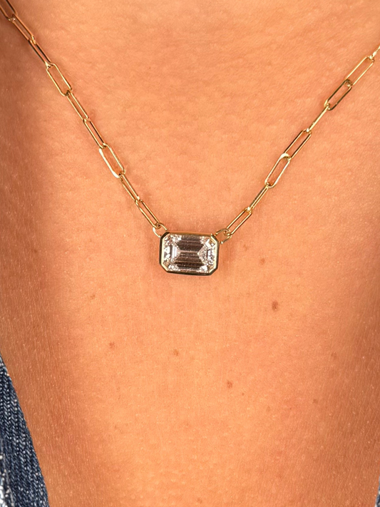 Ladies Lab Grown Emerald Bezel Set Paperclip Necklace