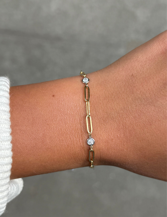 Ladies Paperclip Chain with Bezel Set Round Diamonds Bracelet