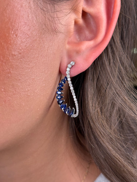Ladies Sapphire and Diamond Elongated Wavy Hoop