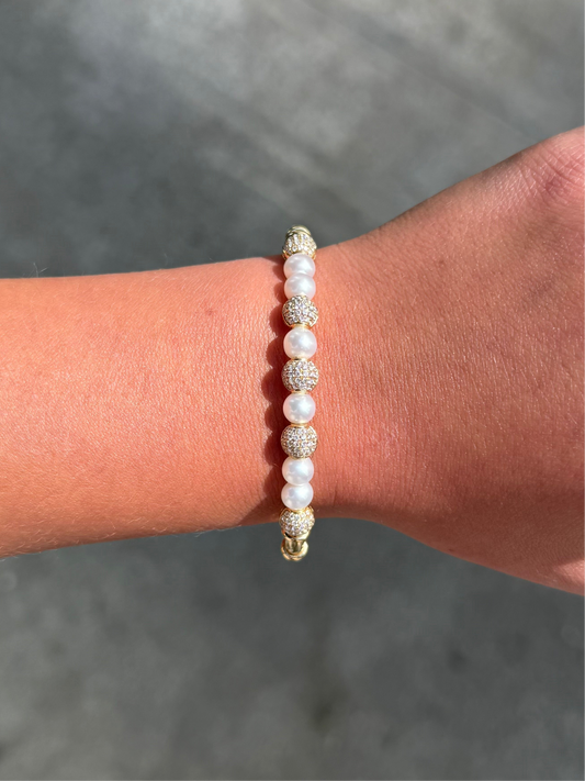 Ladies Pearl and Round Diamond Ball Bangle