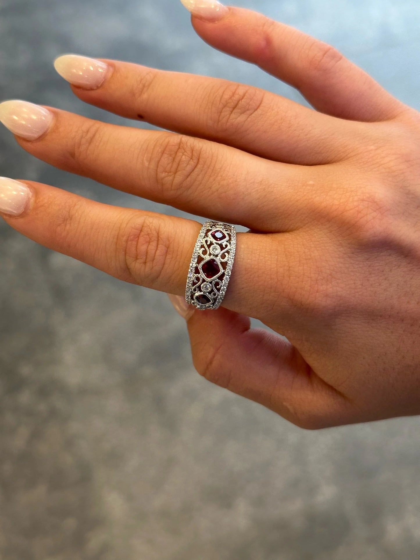 Ladies Square Shaped Ruby and Round Diamond Milgrain Ring