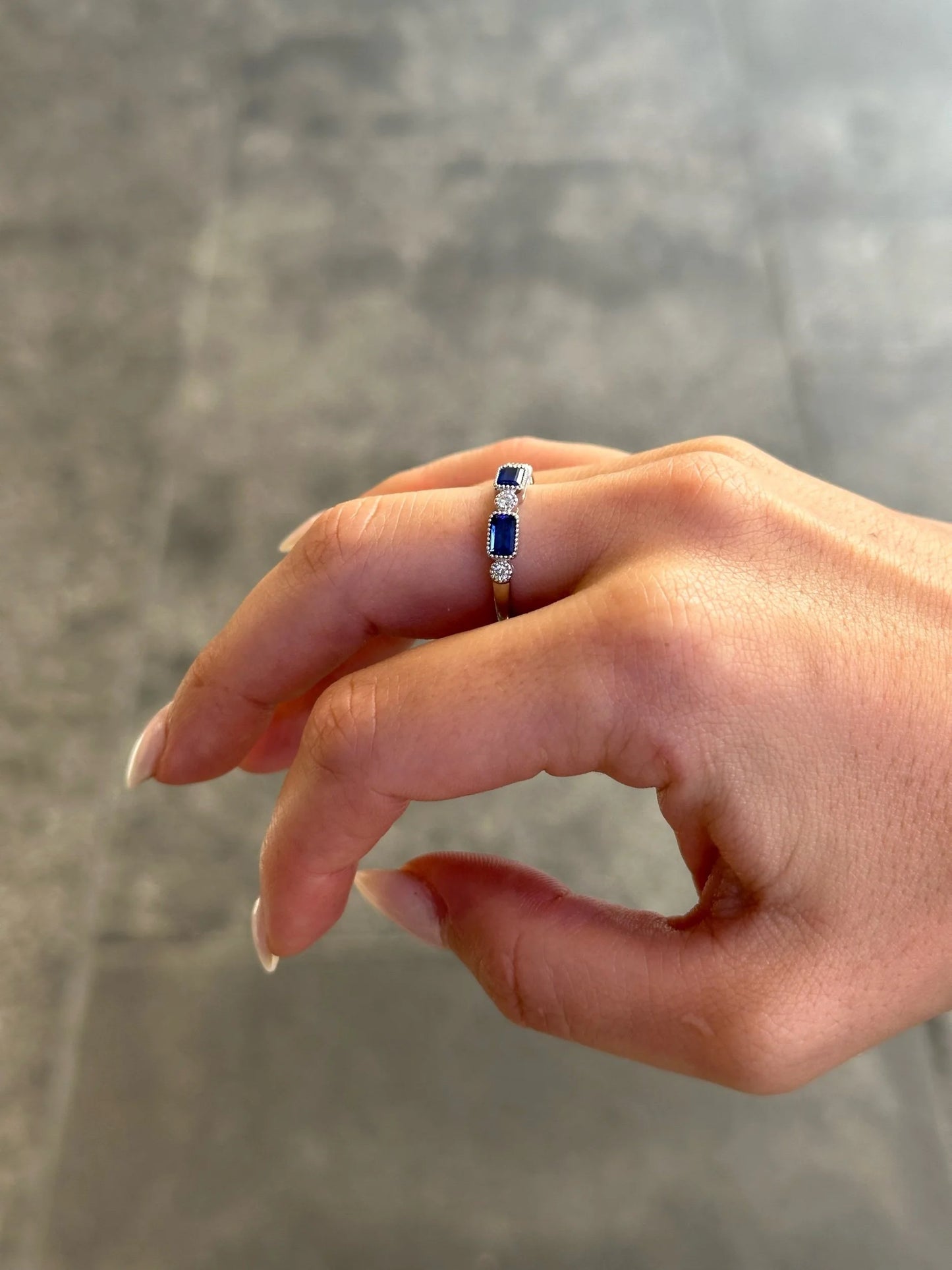Ladies Three Sapphire Stone Round Diamond Ring