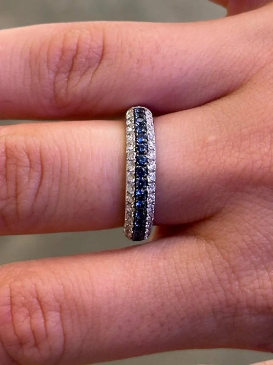 Ladies Halfway Pave Set Sapphire Stone and Round Diamond Band