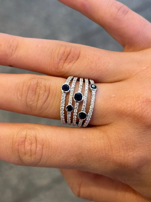 Ladies Wide Five Row Sapphire and Round Diamond Ring