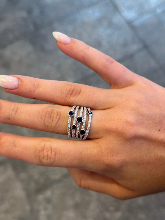 Ladies Wide Five Row Sapphire and Round Diamond Ring