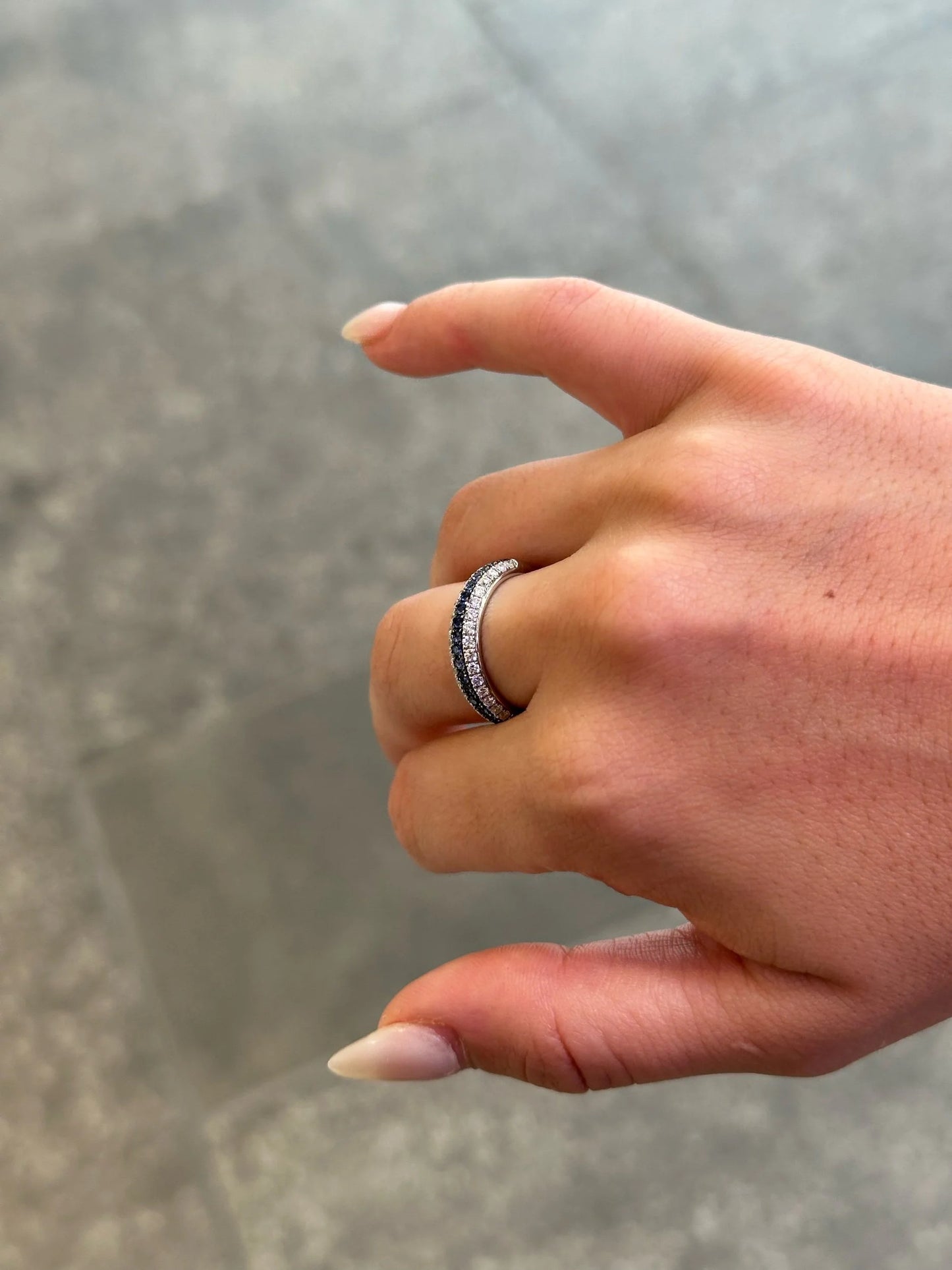 Ladies Halfway Pave Set Sapphire Stone and Round Diamond Band