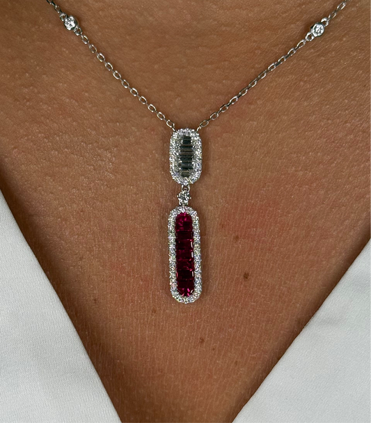Ladies Ruby Baguette and Round Diamond Necklace