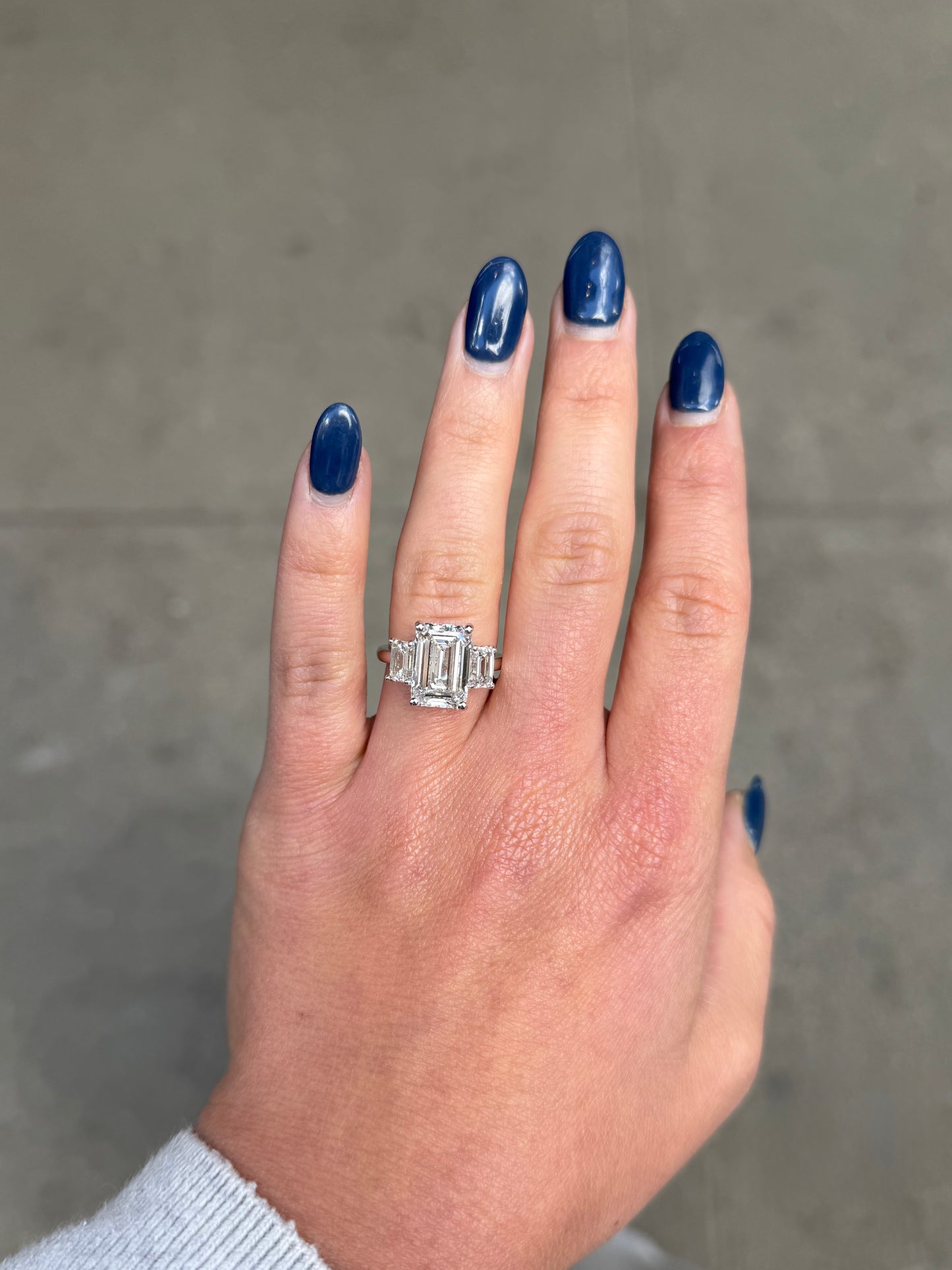 Ladies Three Stone Lab Grown Emerald Engagement Ring