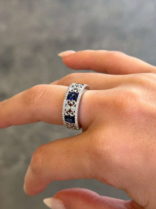 Ladies Three Sapphire Stone Round Diamond Ring