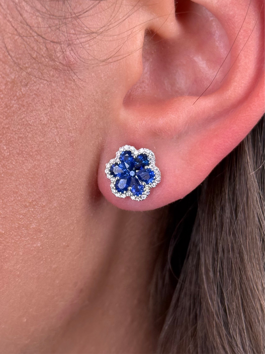 Ladies Sapphire Flower and Diamond Halo Earring