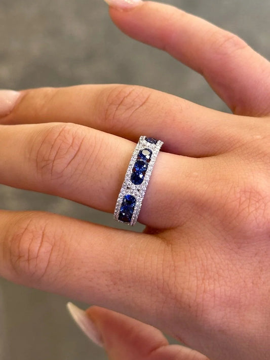 Ladies Triple Sapphire Stone and Round Diamond Ring