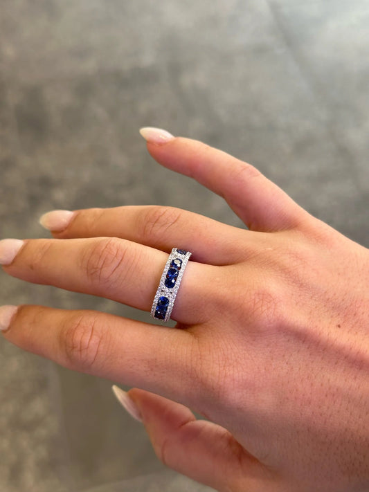 Ladies Triple Sapphire Stone and Round Diamond Ring