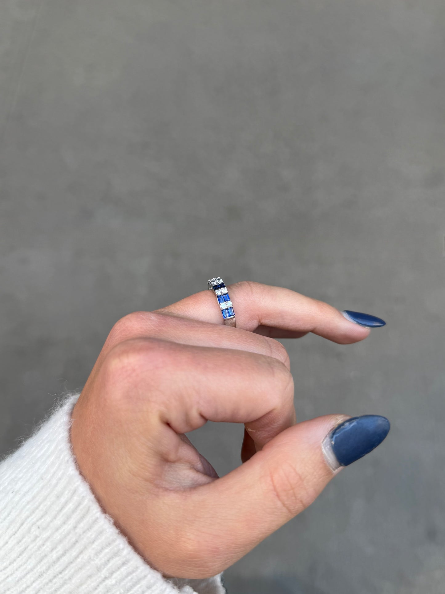 Ladies Alternating Sapphire Baguette and Round Diamond Ring