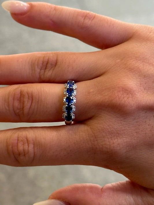 Ladies Five Sapphire Stone and Round Diamond Ring