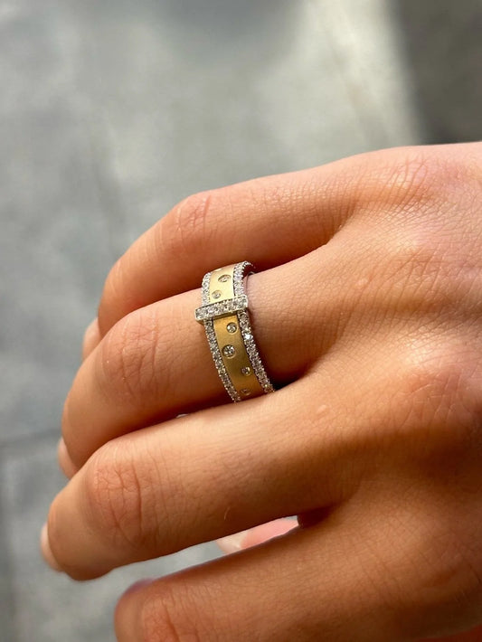 Ladies Matte Finish Pocodot Design and Two Rows of Round Diamond Ring