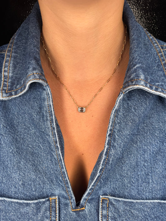 Ladies Lab Grown Emerald Bezel Set Paperclip Necklace