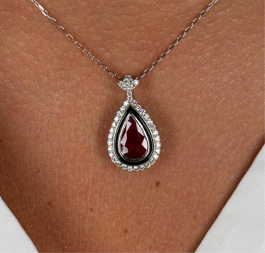 Ladies Pear Shaped Ruby and Round Diamond Pendant