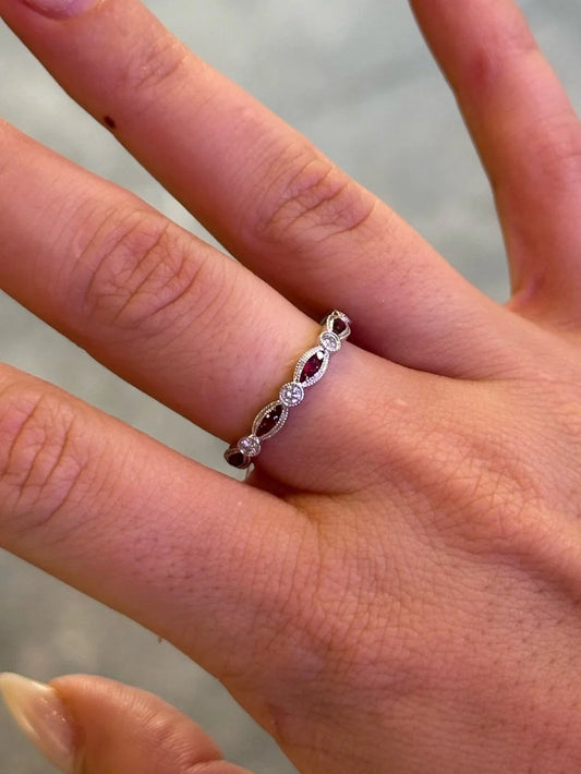 Ladies Ruby Stone and Round Diamond Alternating Ring