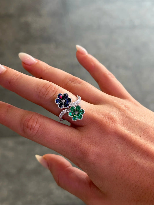 Ladies Emerald and Sapphire Stone Flower Round Diamond Ring