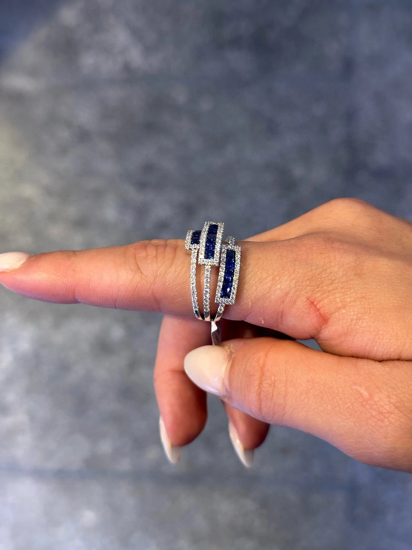 Ladies Triple Shank Sapphire and Round Diamond Fancy Ring