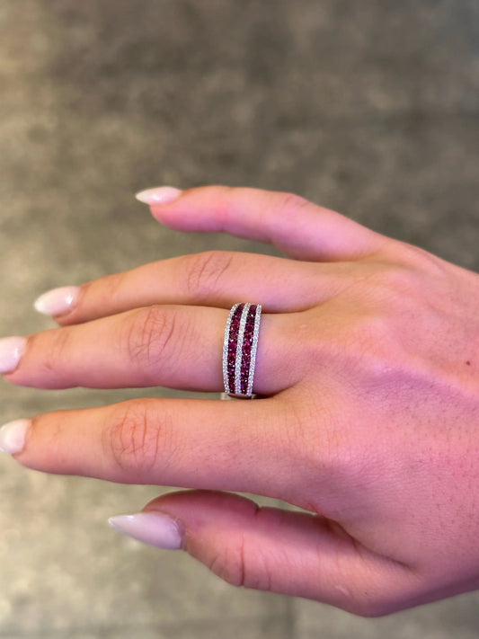 Ladies Double Row Ruby and Triple Row Round Diamond Ring