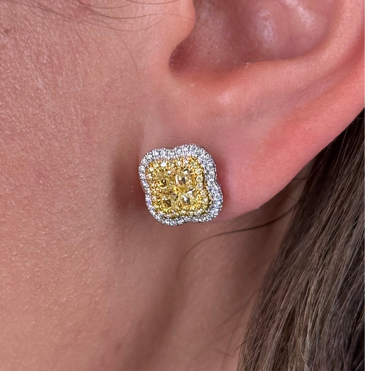 Ladies Clover Shaped Cluster Yellow Diamonds Stud
