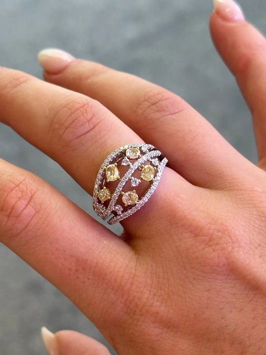 Ladies Open Yellow Oval Diamond Ring with 3 Rows of Round Diamond