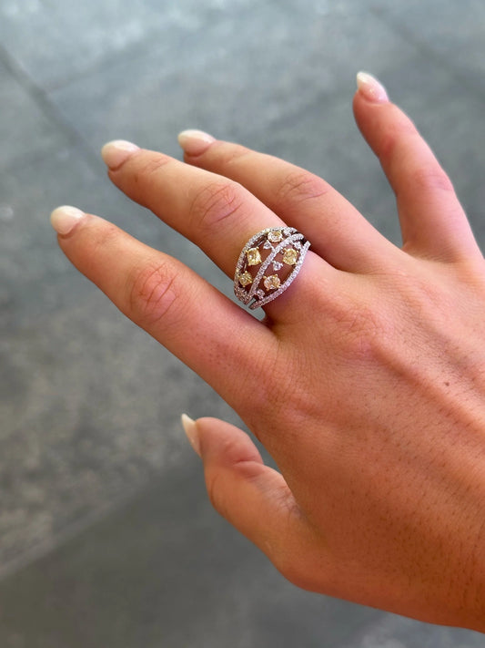 Ladies Open Yellow Oval Diamond Ring with 3 Rows of Round Diamond