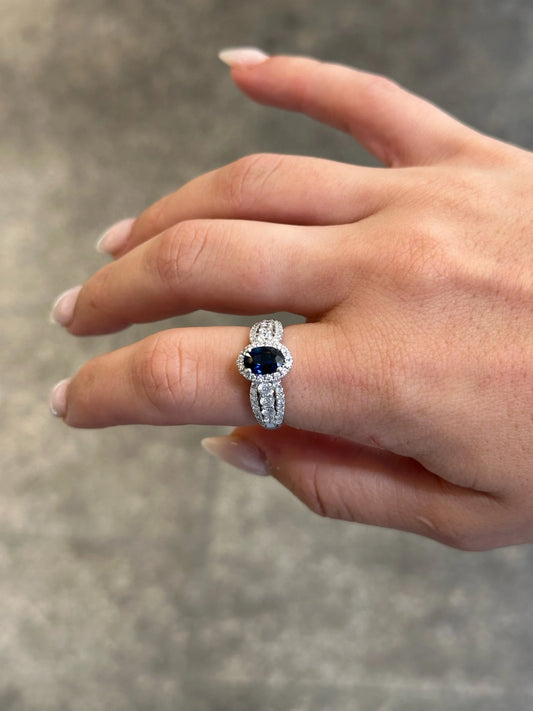 Ladies Sapphire Stone and Round Diamond Ring with Halo and Triple Shank