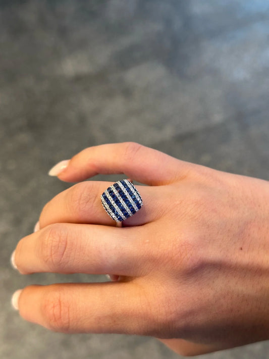 Ladies Square Stripped Sapphire and Round Diamond Ring