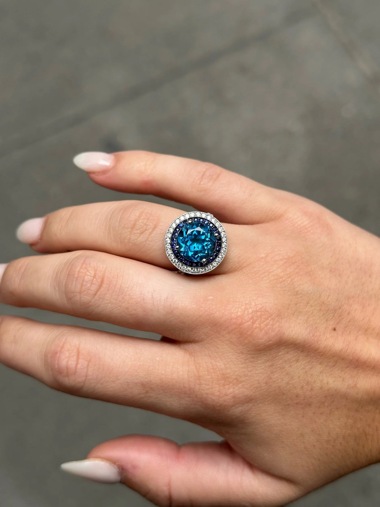 Ladies Halo Round Diamond and Sapphire Ring with Blue London Topaz