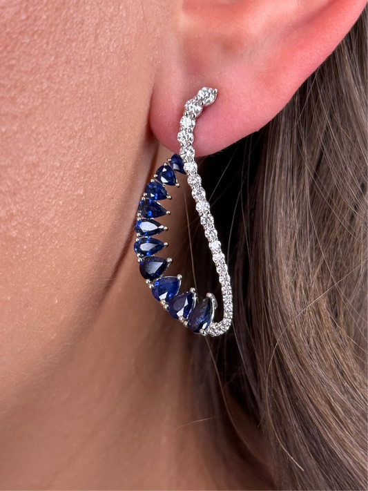 Ladies Sapphire and Diamond Elongated Wavy Hoop