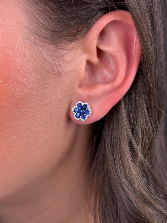 Ladies Sapphire Flower and Diamond Halo Earring