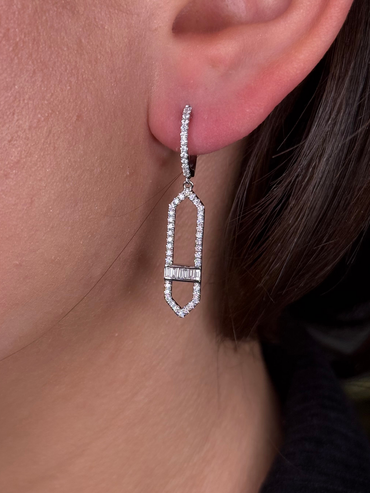 Ladies Round Diamond and Baguette Pointed Dangling Earring