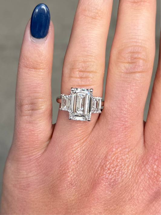 Ladies Three Stone Lab Grown Emerald Engagement Ring