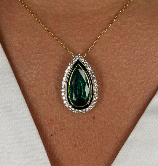 Ladies Emerald Pear and Round Diamond Pendant