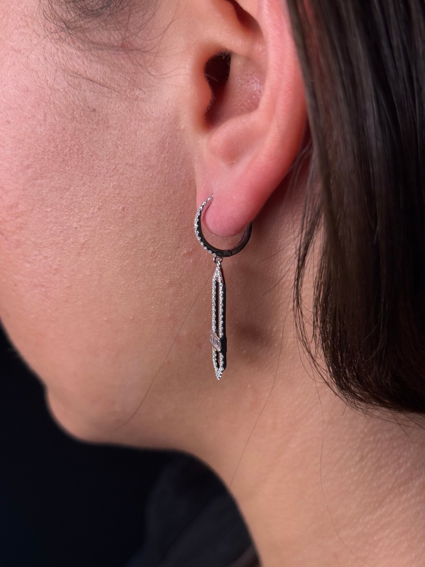 Ladies Round Diamond and Baguette Pointed Dangling Earring