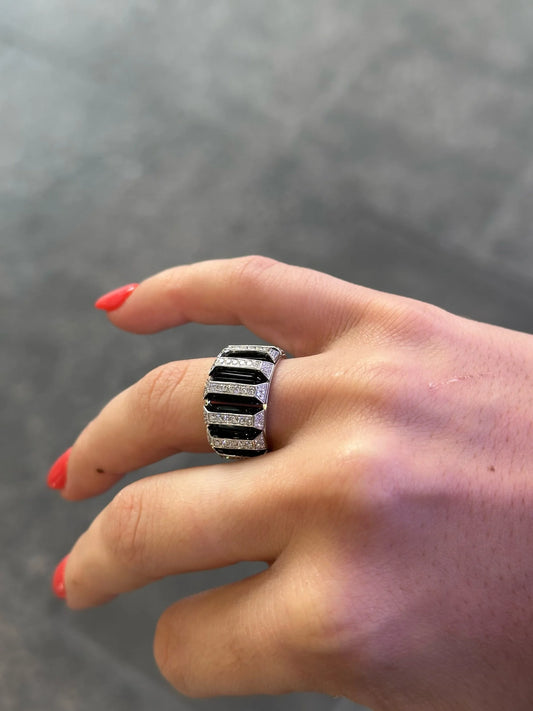 Ladies Alternating Black Onyx and Round Diamond Ring
