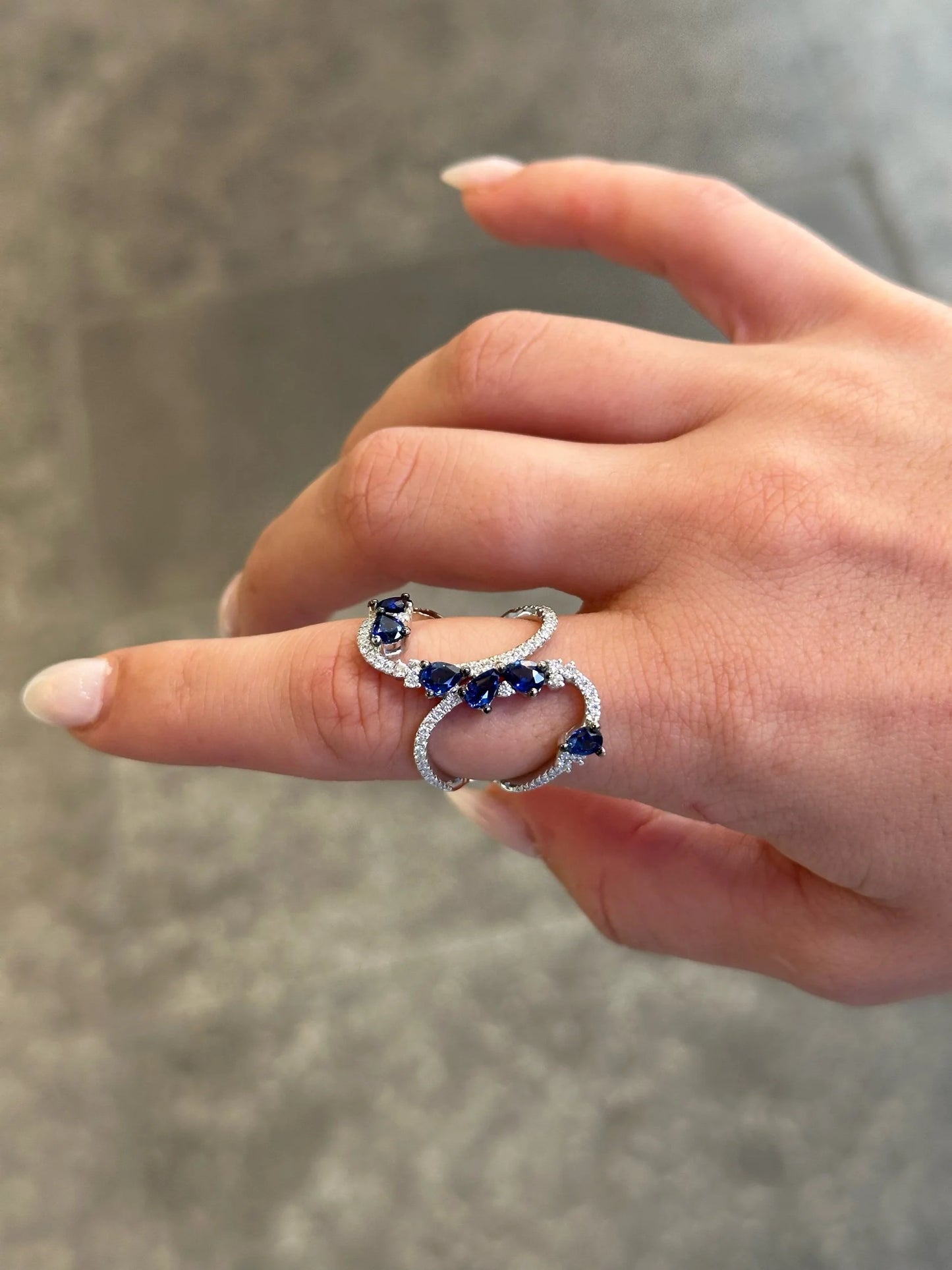 Ladies Pear Sapphire Stone and Round Diamond Open Ring