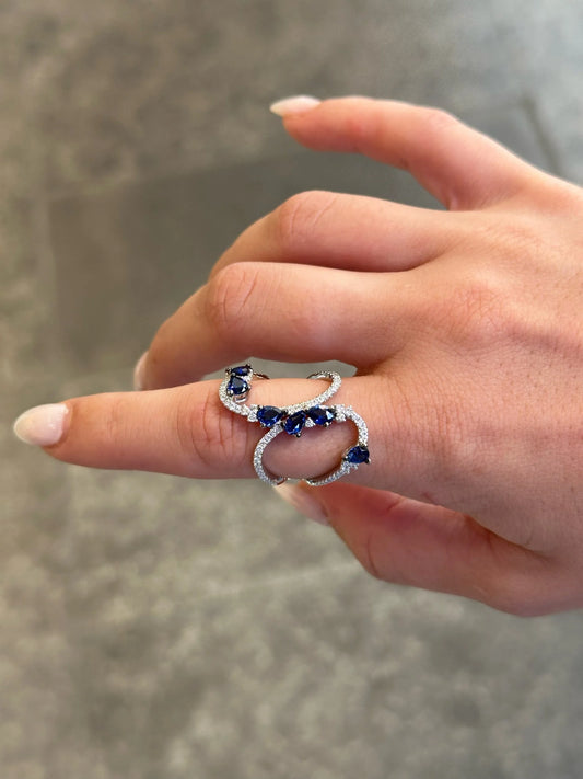 Ladies Pear Sapphire Stone and Round Diamond Open Ring