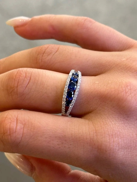 Ladies Graduated Sapphire Stone and Round Diamond Ring